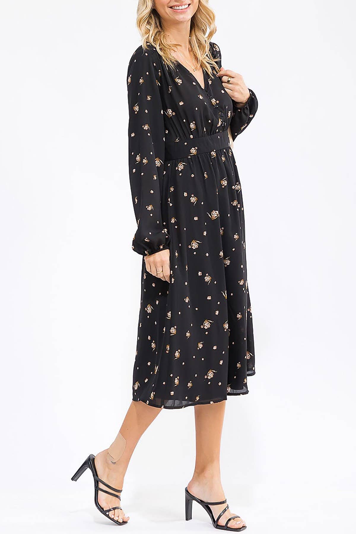 Black FLORAL PRINT V NECK BUTTON UP MIDI DRESS for wholesale on Faire1