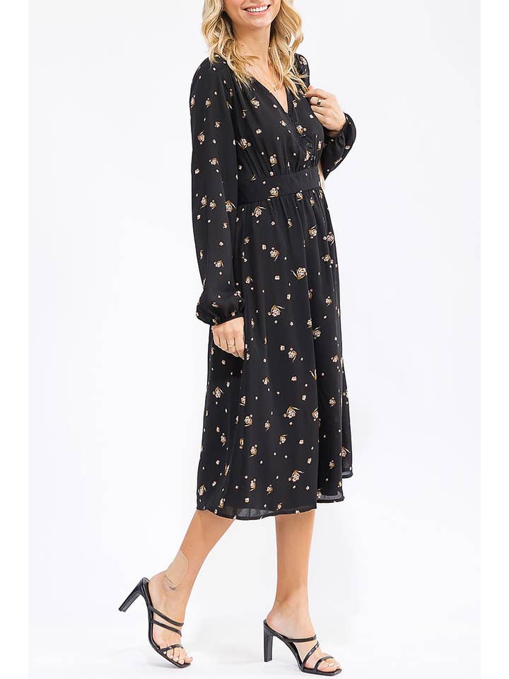 Black FLORAL PRINT V NECK BUTTON UP MIDI DRESS for wholesale on Faire1