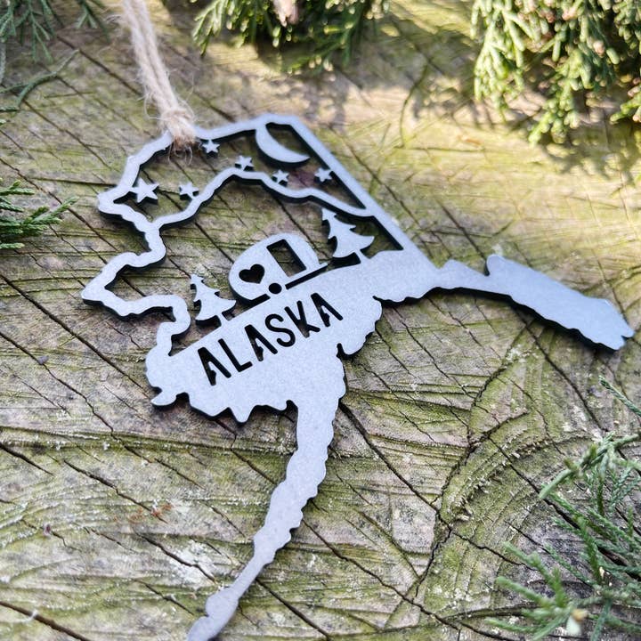 Alaska State Camper Scene Raw Steel Ornament made in USA for wholesale by BE Creations & Designs, Inc.