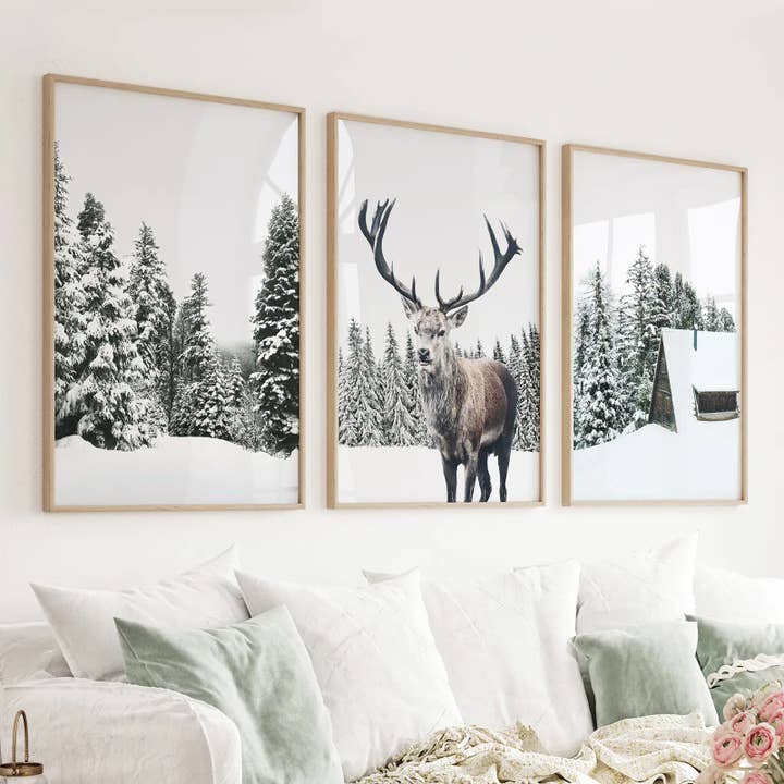 Art Lane - Wholesale Gallery Wall Set - Christmas Wall Art. Winter Forest, Log Cabin, Reindeer