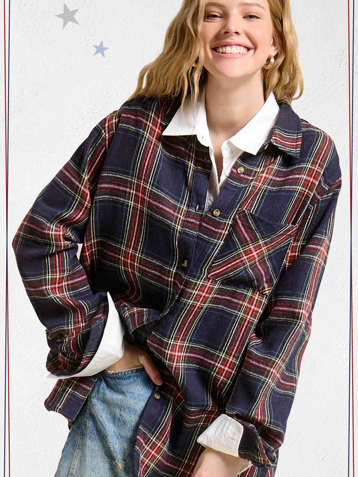 Camicia oversize a quadri con bottoni e tessuto morbido per la vendita all'ingrosso da parte di La Miel