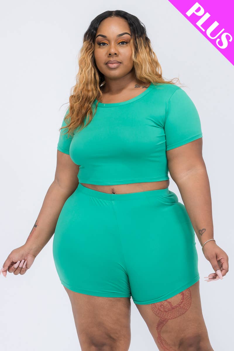 CAPELLA APPAREL - Wholesale Activewear Set - Women's - Plus Active Short Sleeve Crop Top shirt & Biker Shorts Set13