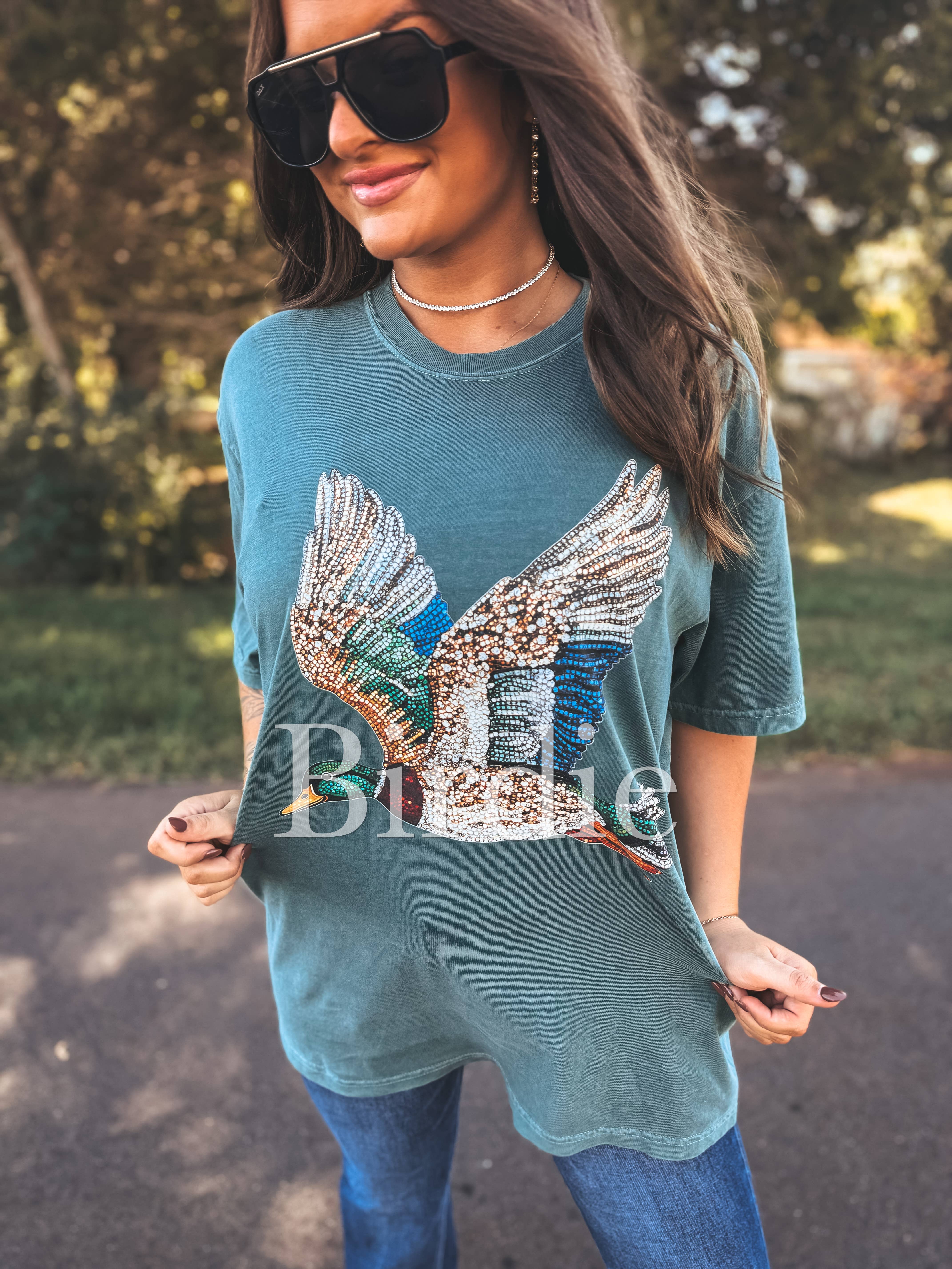 birdie - Wholesale Shirt - Women's - Faux Rhinestone Duck Graphic Tee on Blue Spruce 1