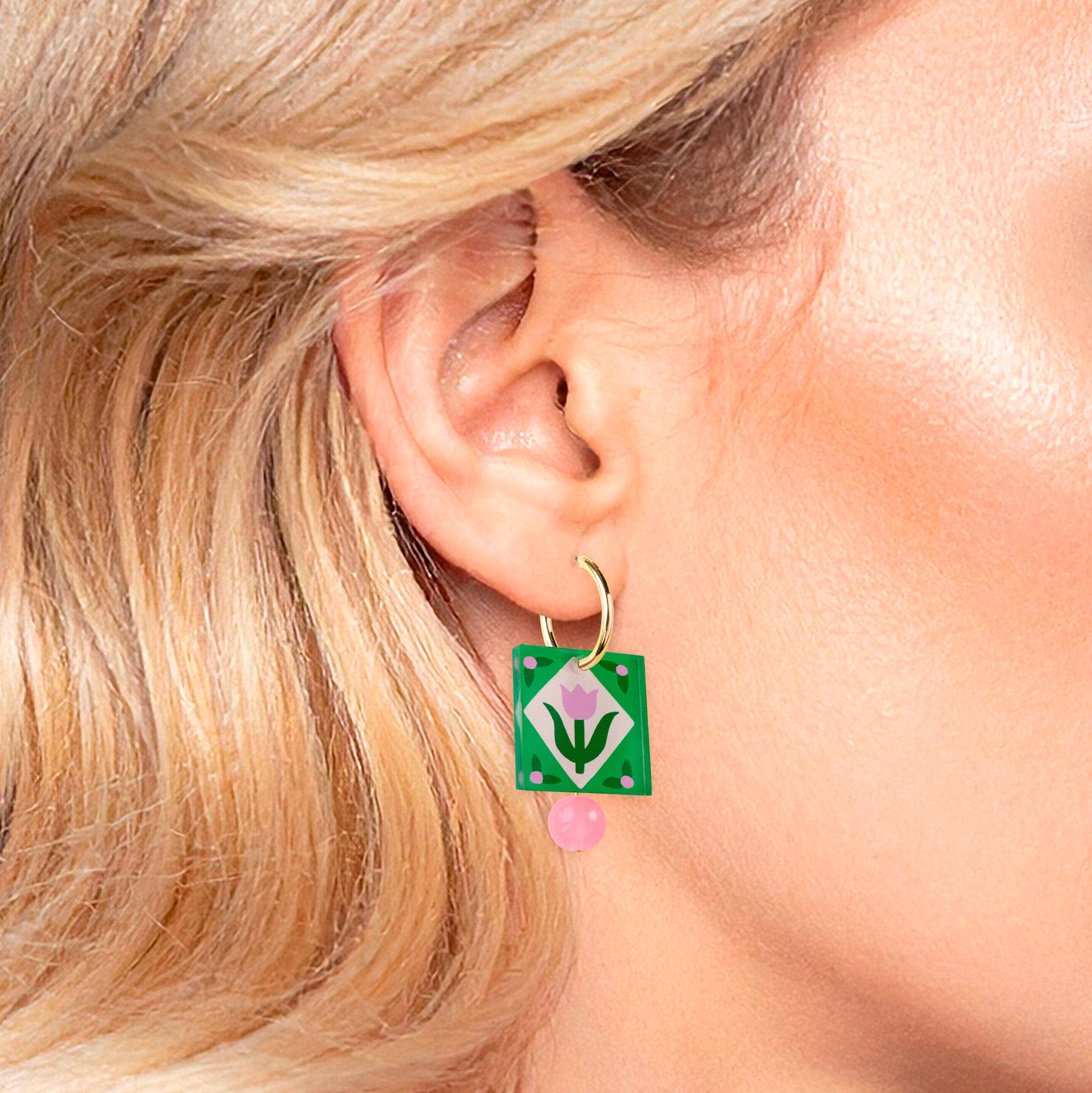 Natalie Lea Owen – Handmade Jewellery & Greeting Cards - Wholesale Dangle Earrings - Hoop Earrings | Green Folk Floral Square Charm | Jewellery3