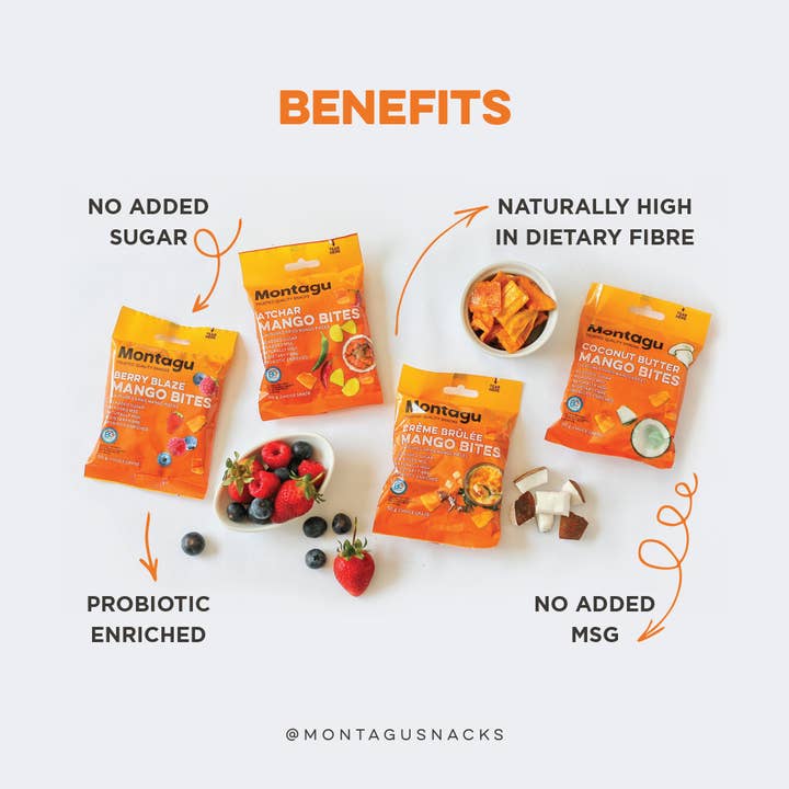 Mahdina – Großhandel Getrocknete/dehydrierte Früchte – Montagu: Mango Bites - Berry Blaze aromatisiert, (10 x 50 g)