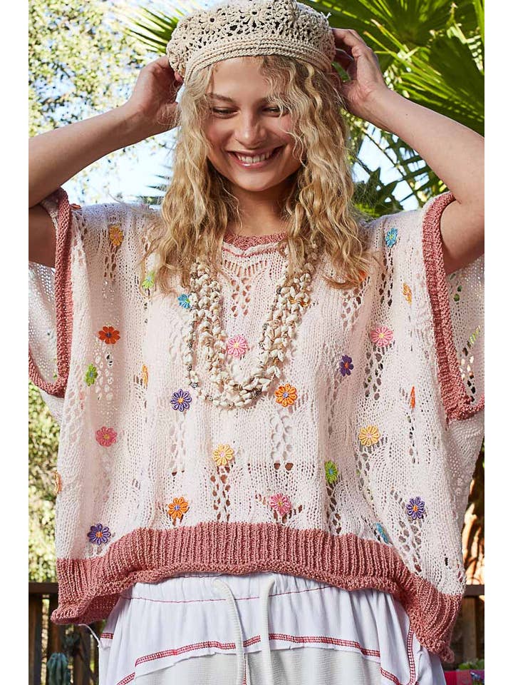 Pol Clothing - Wholesale Knit Top - Women's - V-neck sleeveless flower outseam thin sweater top