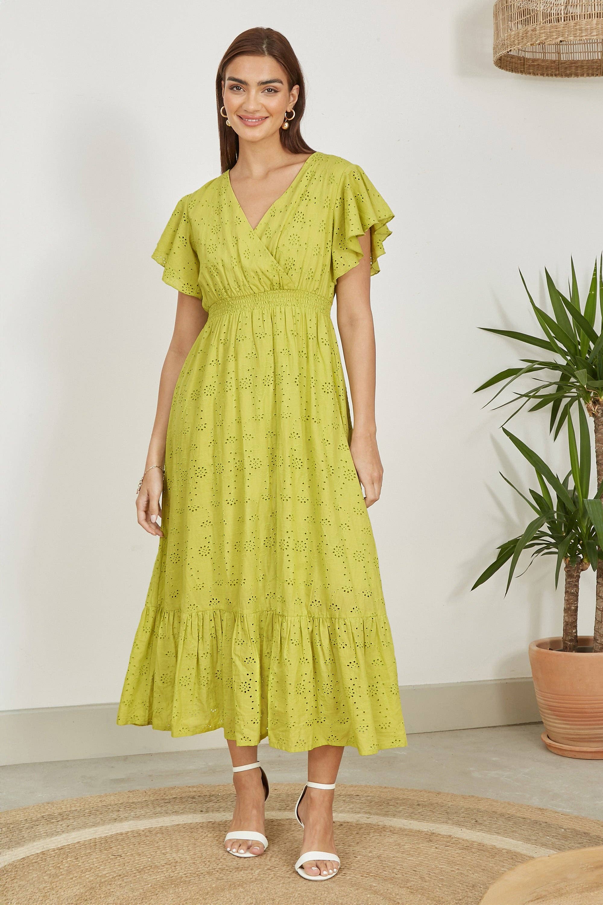 Yumi Lime Cotton Broderie Anglaise Wrap Midi Dress for wholesale on Faire3