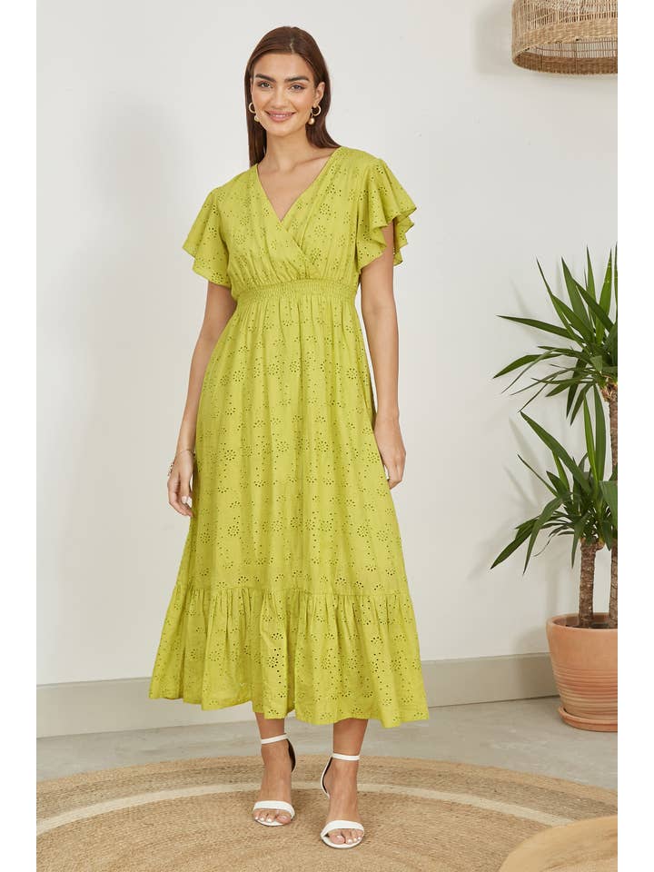 Yumi Lime Cotton Broderie Anglaise Wrap Midi Dress for wholesale on Faire3