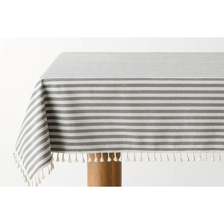 Grey Simply Striped Tasseled Cotton Blend Tablecloth for wholesale by Fennco Styles