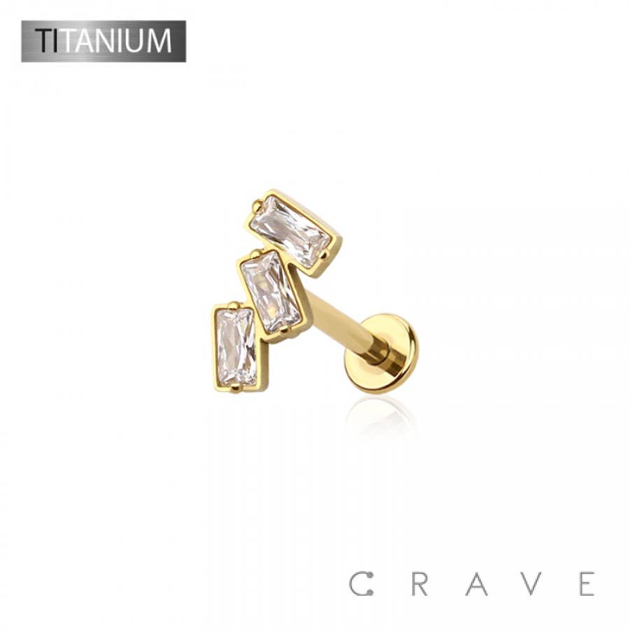 CRAVE - Wholesale Stud/Post Earrings - IMPLANT GRADE SOLID TITANIUM TRIPLE BAGUETTE LINE CZ PUSH IN1