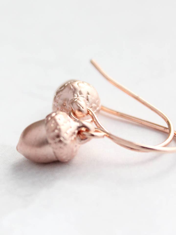 Little Acorn Earrings | Rose gold drop earrings for wholesale by A Pocket of Posies