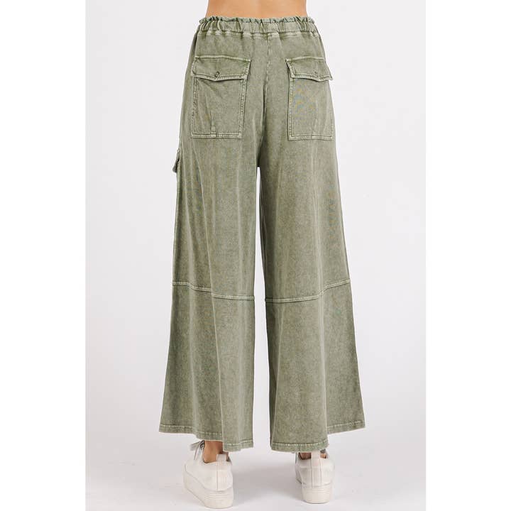 mittoshop - Wholesale Pants - Women's - WASHED FRENCH TERRY CARGO ELASTIC WAIST WIDE LEG PANTS