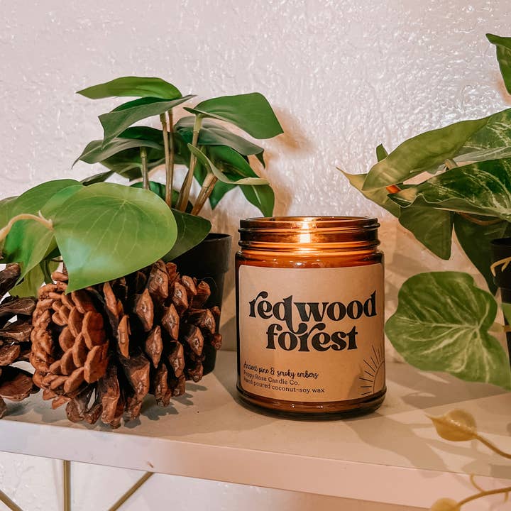 Redwood Forest 8 oz coconut wax amber jar candle for wholesale by Poppy Rose Candle Co.