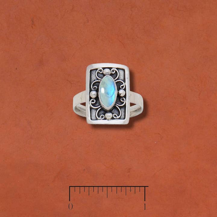 Oval Rainbow Moonstone Ring With Swirly Silvers for wholesale by Tidepool
