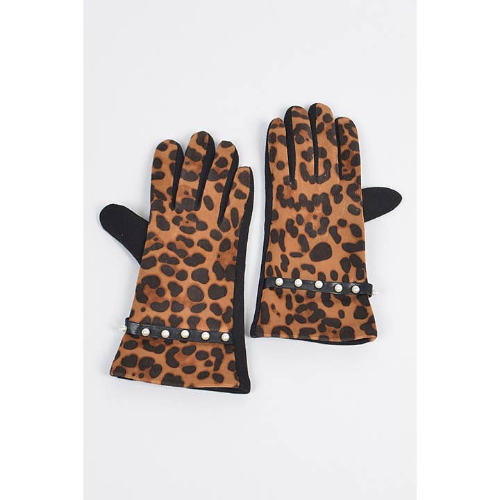 LEOPARD PRINT PEARL ACCENT SMART GLOVES for wholesale on Faire1