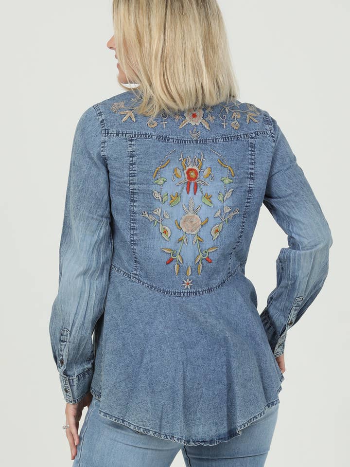 Nostalgia - Wholesale Button Down Shirt - Women's - N2N75-EMB DENIM BUTTON UP SHIRT WITH EMBROIDERED BACK DETAIL