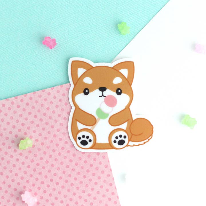Shiba Inu eating Dango Vinyl Sticker - Cute Dog Decal for wholesale by Wild Whimsy Woolies
