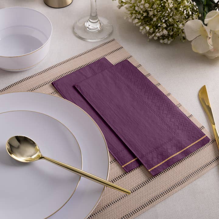 Luxe Party - Wholesale Disposable Napkin - Purple with Gold Stripe Guest Paper Napkins | 16 Napkins