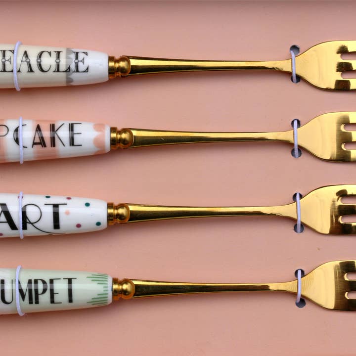 YE - Set of 4 text dessert forks for wholesale by Yvonne Ellen