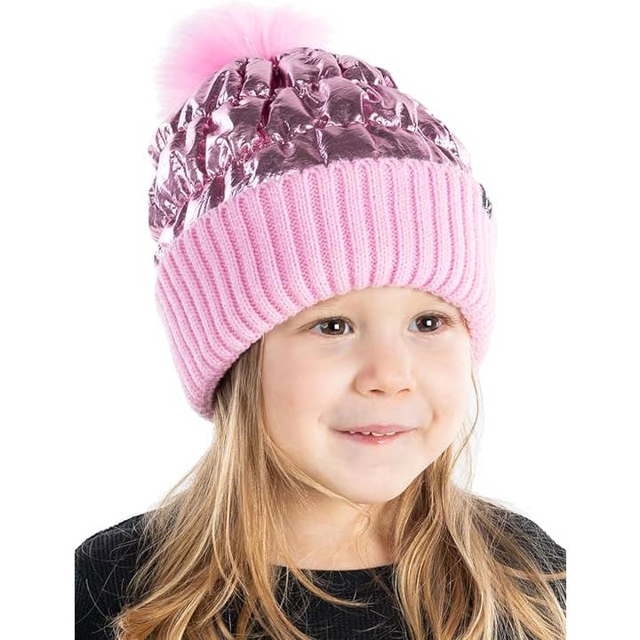 Kids Puffer Faux Fur Pom Beanie - Metallic Pink and other Purchase Wholesale metallic pom poms. Free Returns & Net 60 Terms on Faire trending on Faire.