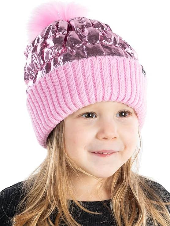 Kids Puffer Faux Fur Pom Beanie - Metallic Pink for wholesale by Funky Junque