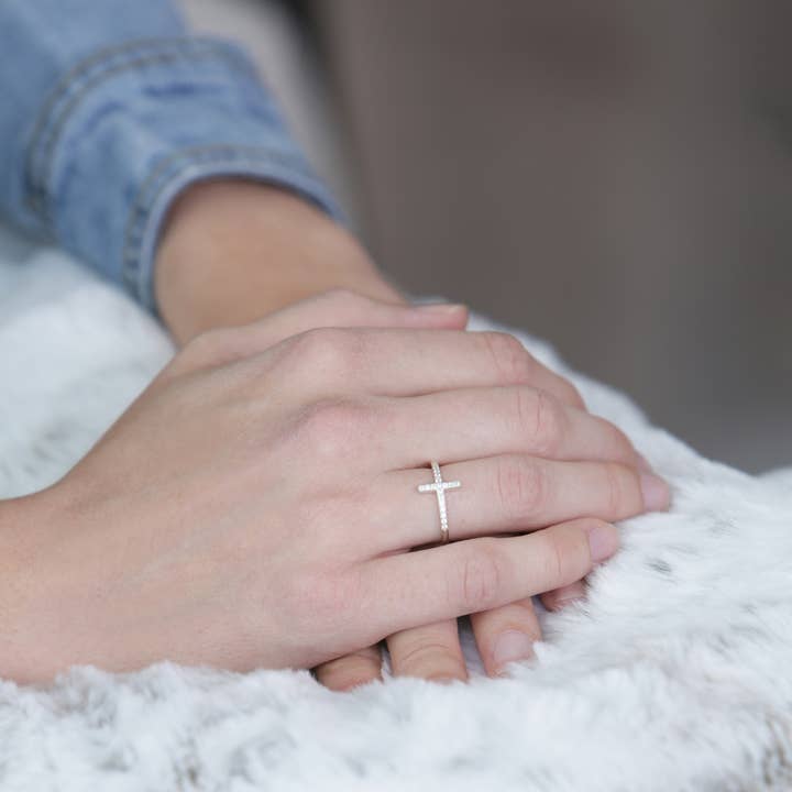 Girls and Womens Sterling Silver Cross Ring with CZs for wholesale by Cherished Moments