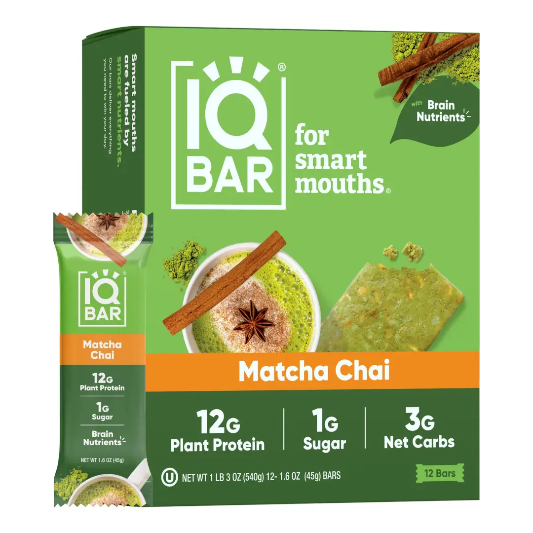 Echo Sales America - Wholesale Snack Bar - IQBAR Brain + Body Protein Bars, Matcha Chai, Keto, Vegan, Paleo Friendly, Low Sugar, Low Net Carb, High Fiber, Gluten Free, No Sugar Alcohols, 12 Count0