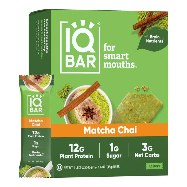 IQBAR Brain + Body Protein Bars, Matcha Chai, Keto, Vegan, Paleo Friendly, Low Sugar, Low Net Carb, High Fiber, Gluten Free, No Sugar Alcohols, 12 Count for wholesale by Echo Sales Canada
