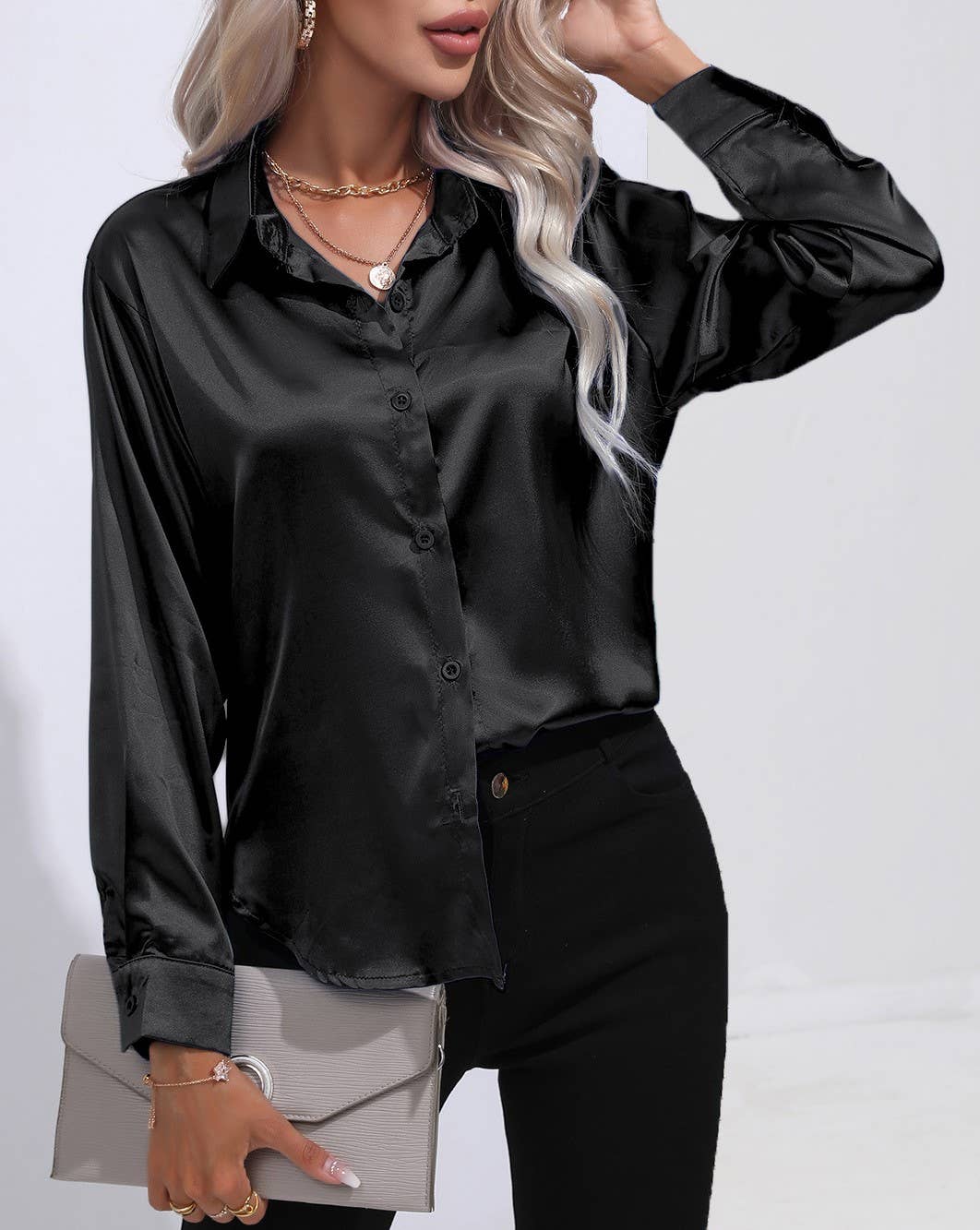 HIDDENBRAND - Wholesale Button Down Shirt - Women's - Satin Faux Silk Long-Sleeved Shirt3
