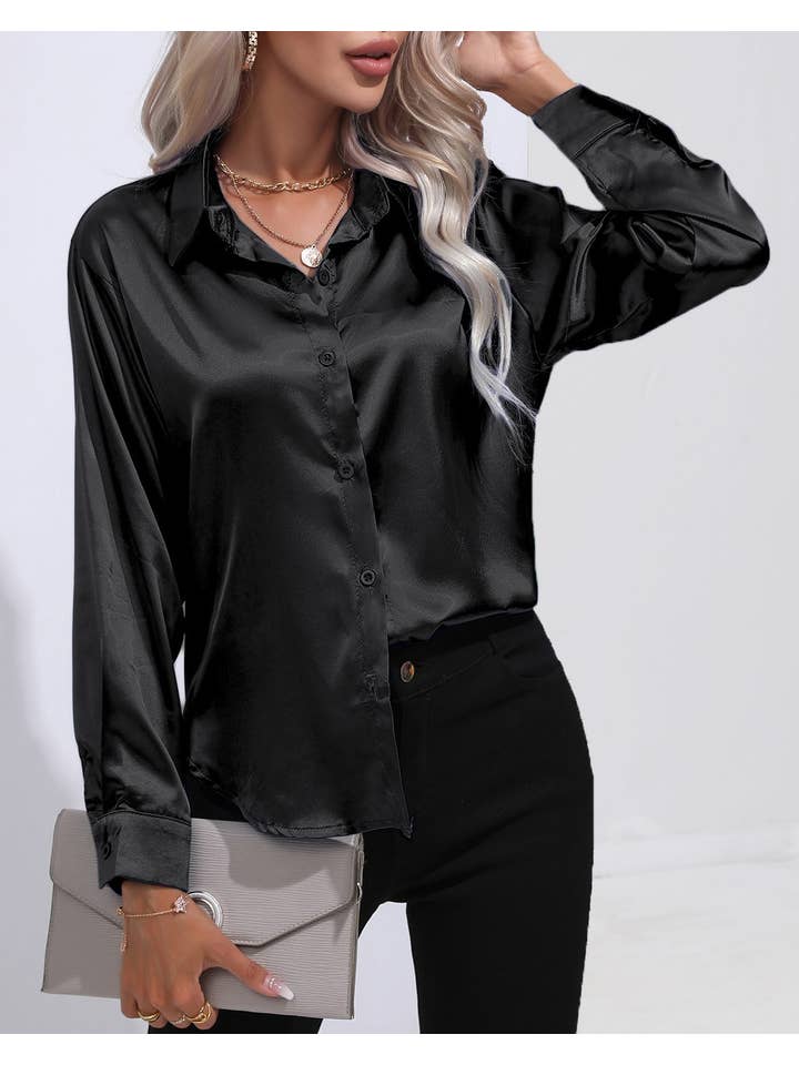 HIDDENBRAND - Wholesale Button Down Shirt - Women's - Satin Faux Silk Long-Sleeved Shirt3