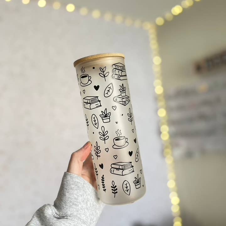 SKS Design Studio - Wholesale Drinking Glass/Cup - Books & Coffee | UVDTF |25oz Skinny Glass Tumbler, Lid,Straw