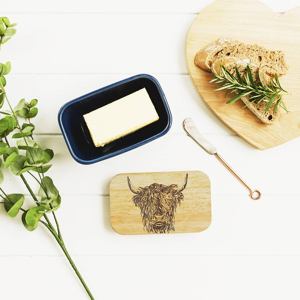 Selbrae House Ltd – Großhandel Butterdosen – Highland Cow Oak Butterdose aus Keramik, Blau
