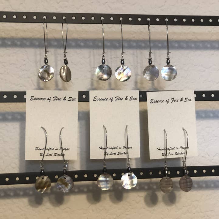 Abalone small disc with peacock pearl earrings for wholesale by Essence of Fire & Sea