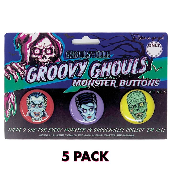 Groovy Ghouls Button Set #2 - 5 Pack for wholesale by Retro-a-go-go!