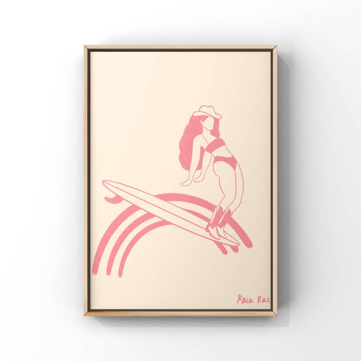 Rainbow Surfing Cowgirl Art Print for wholesale by Surf Cowboy