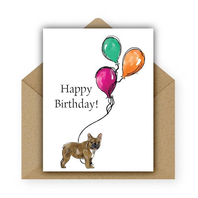 Brown Frenchie Birthday Card for wholesale by Dodeline Design