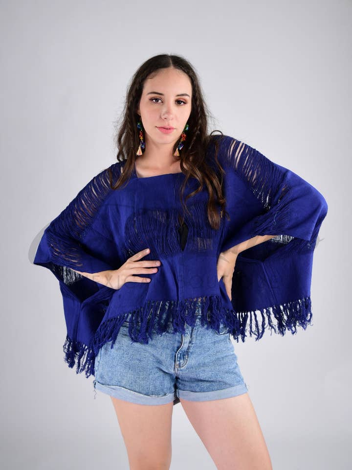 Cielito Lindo - Wholesale Poncho - Women's - Tulum Raw Frayed Poncho Indigo0