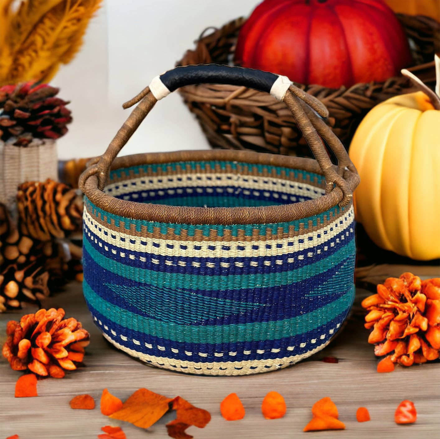 The African Home Goods - Wholesale Beach Bag - African Basket | Bolga Ghana Basket - Blue & Turquoise3