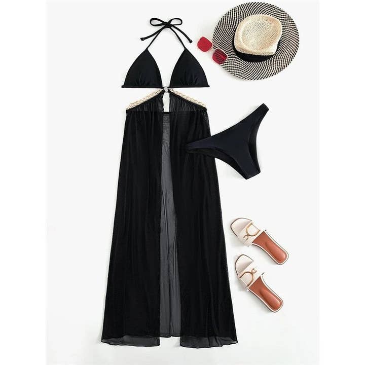 Ekartini - Wholesale Two Piece Swimsuit - Women's - Solid Color Halterneck Backless Bandage Metal Chain Patchwork Chest Padd Hollow Dress And Briefs Two Pieces Tankini Swimsuit4