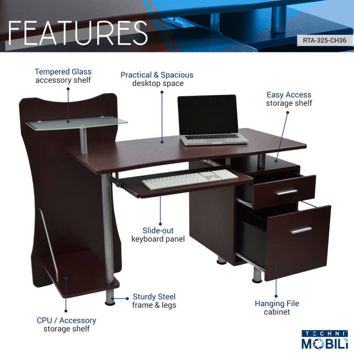 Chocolate Stylish Computer Desk with Storage for wholesale on Faire2