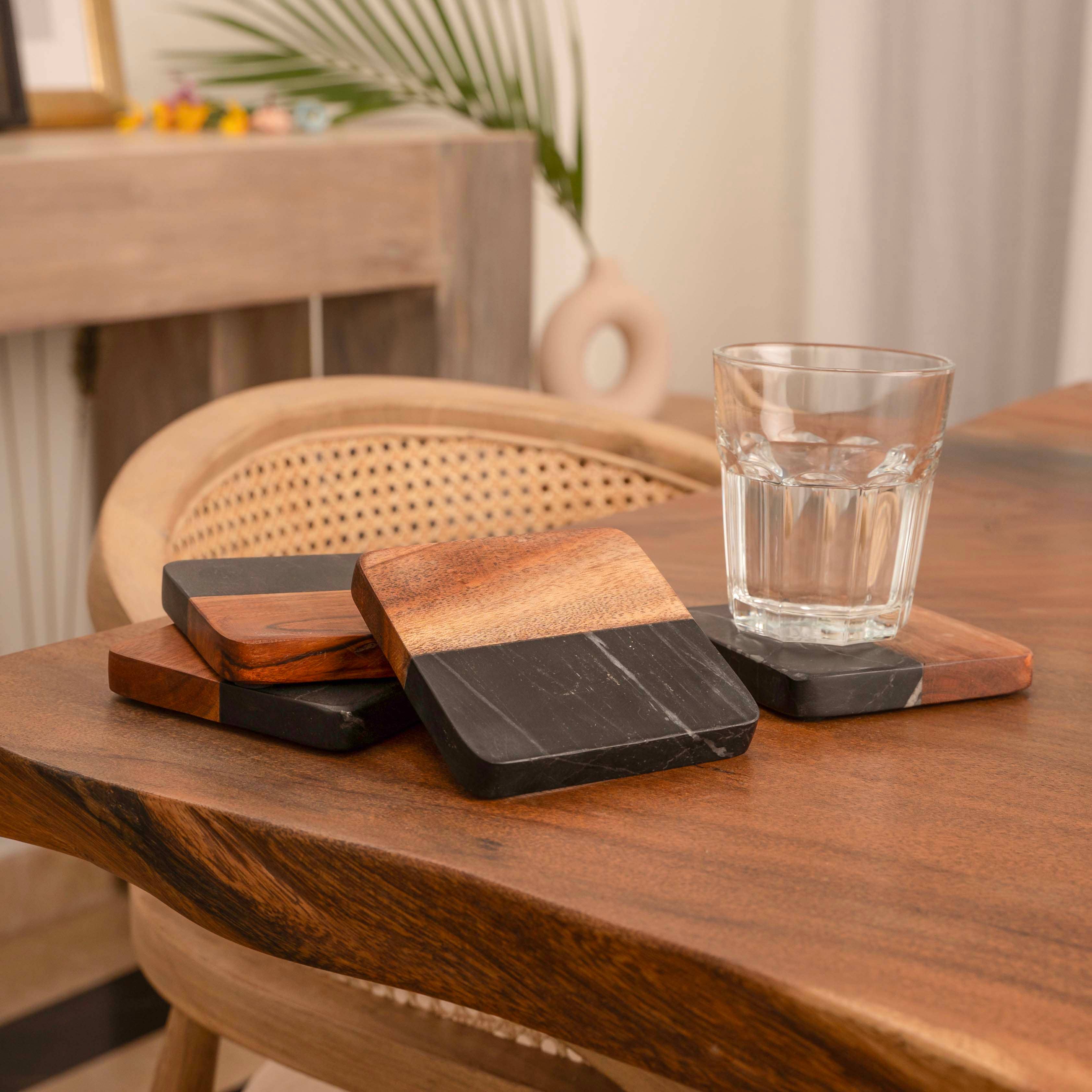 LuxeDesigns Co LLC - Wholesale Coasters - Artisan Marble and Wood Square Coaster Set of 4 - Black6