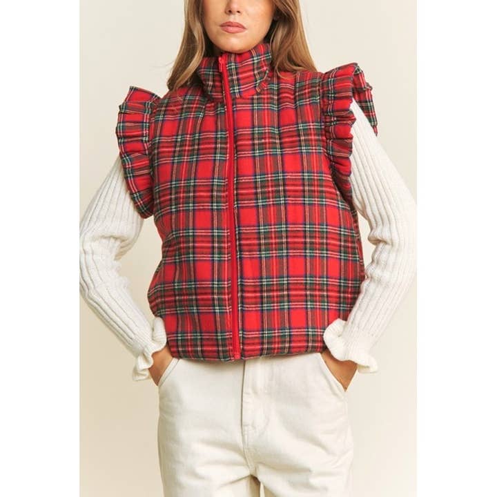 RED 9667 EVERYDAY PLAID PUFF ZIP UP VEST JACKET with ARMHOL for wholesale on Faire5
