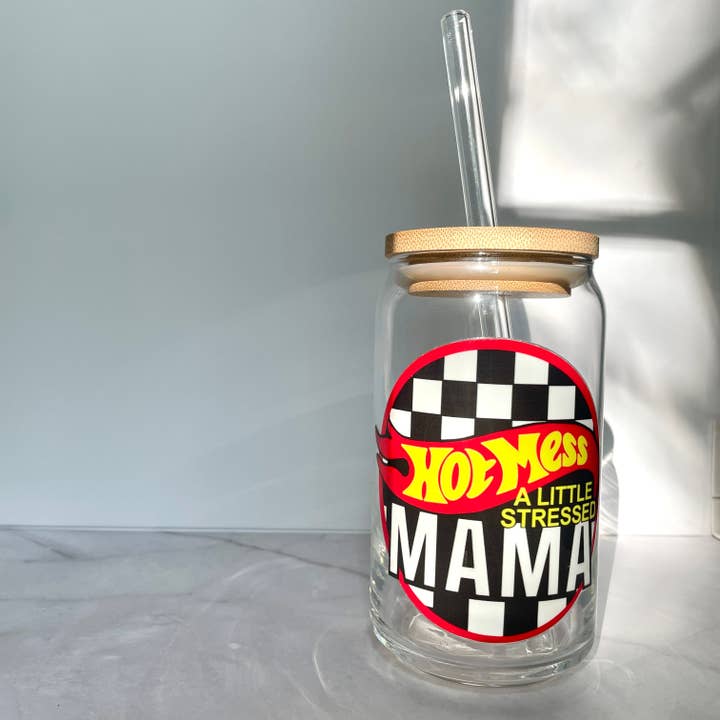 Hot Mess Fast Cars Glass Can Cup with Bamboo Lid and Straw for wholesale by Andy Made