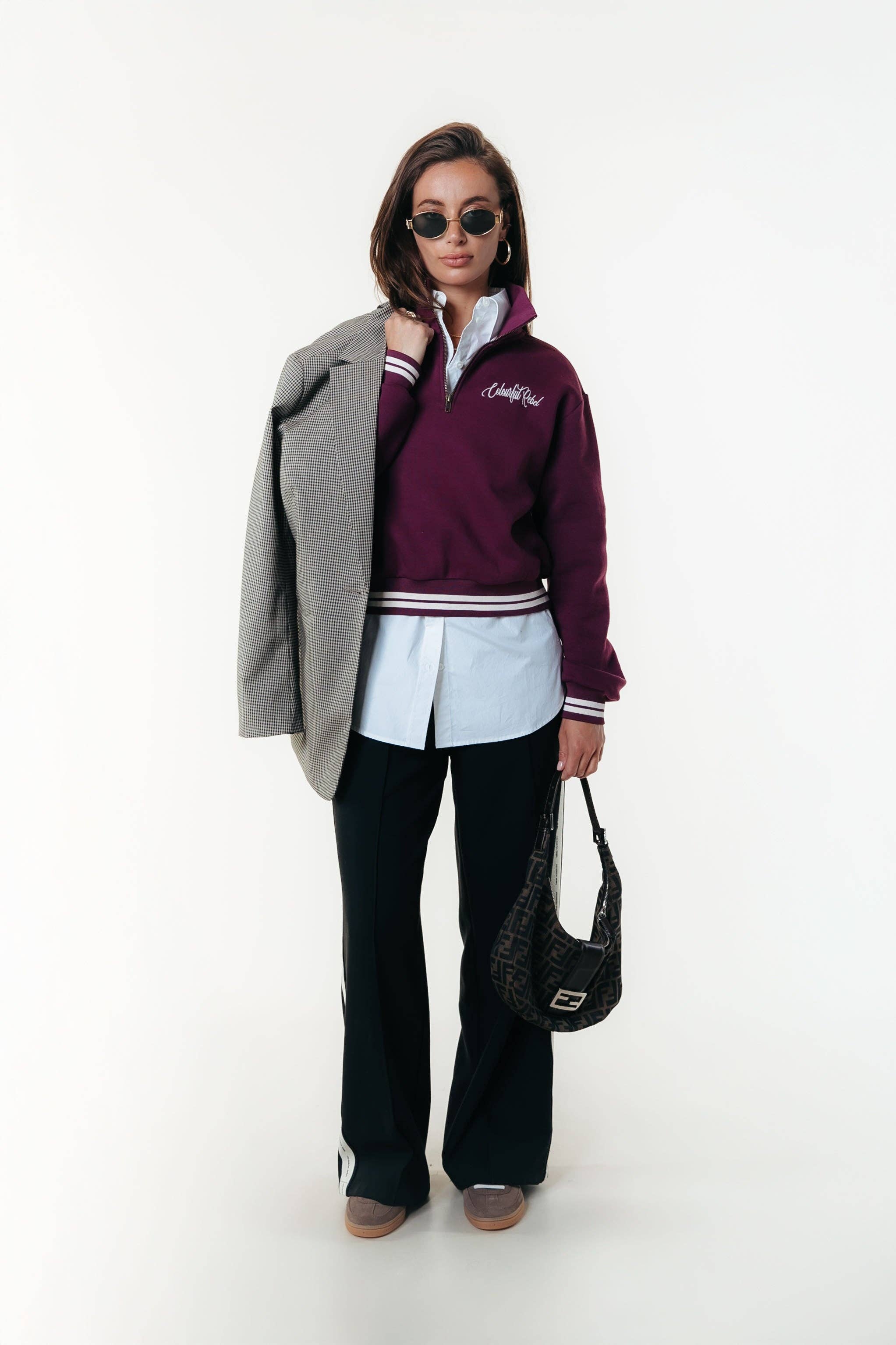 Merlot Rojo Sudadera con Cremallera y Puños a Rayas Uni | Rojo Merlot de venta al por mayor en Faire3