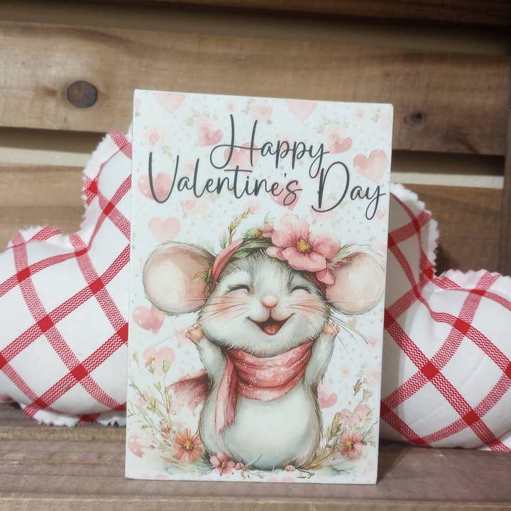 Valentine Wood Block Sign - Small - Valentine Mouse for wholesale by Bluegrass Burlap Co