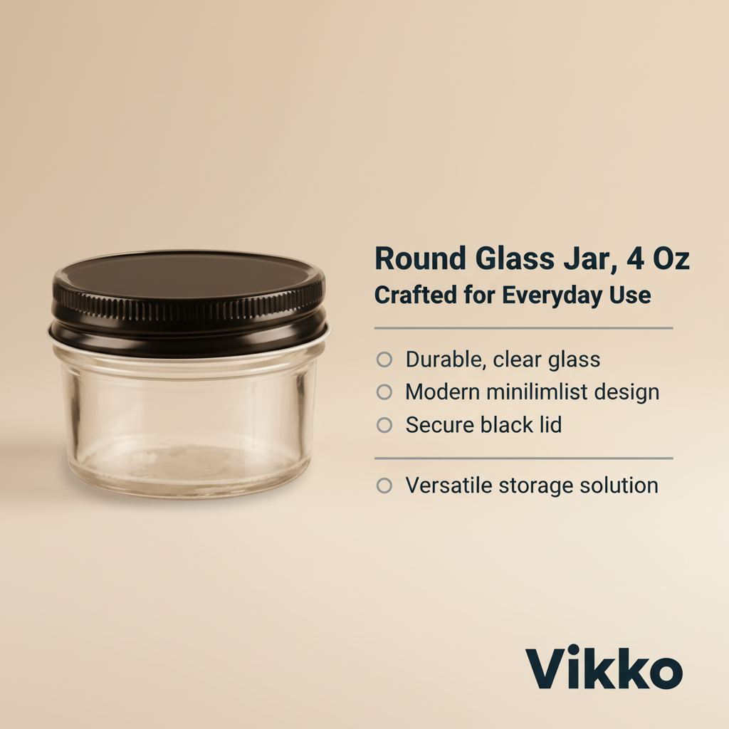 Kadra Kitchenware - Wholesale Jar - Vikko - Round Glass Jar, with Black Lid, 4 Oz3