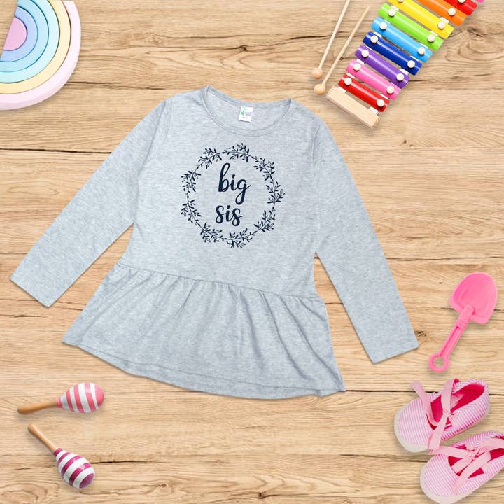 "Big Sis" – Girls Peplum Top – Heather Gray – Fall for wholesale by ImprintKidsClothing