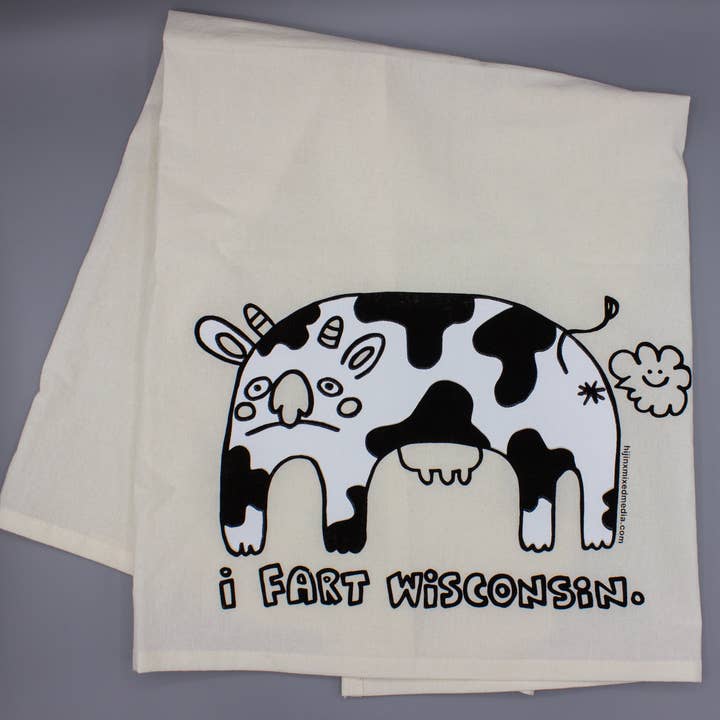 I Fart Wisconsin Flour Sack Towel | Screen Printed Cotton Kitchen or Bathroom Towel for wholesale by Hijinx Mixed Media