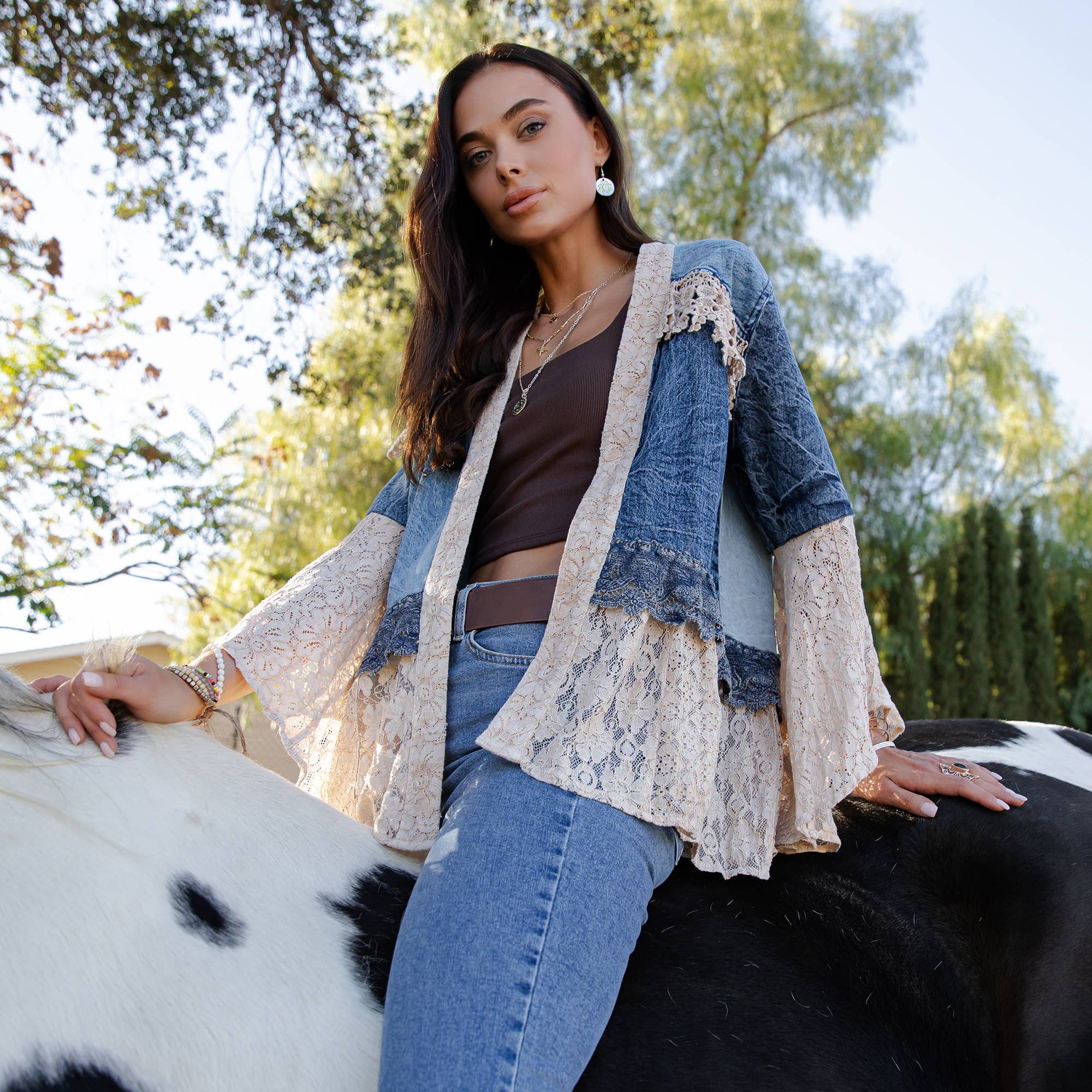 Young Threads - Wholesale Kimono - Women's - Western Boho Lace & Denim Patchwork Kimono Top NEW14