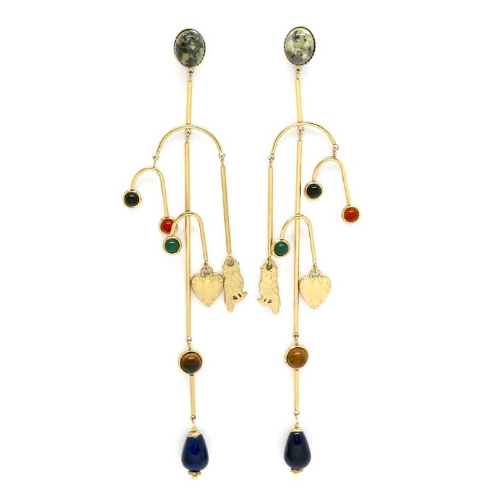 Museum Style Heart and Owl Stone Mobile Earrings - E4-305 for wholesale by LIZOU